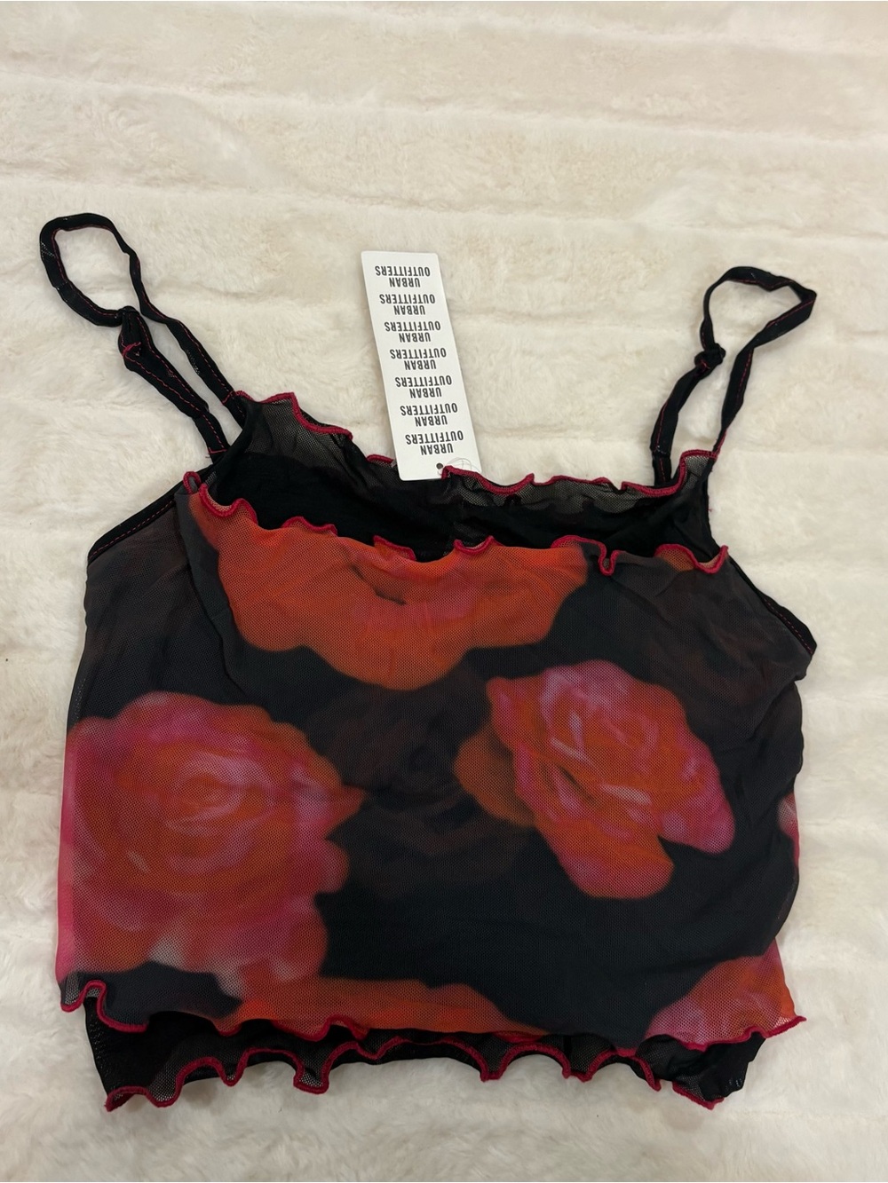 Urban Outfitters Black Sheer Mesh Cami with Red Rose Print